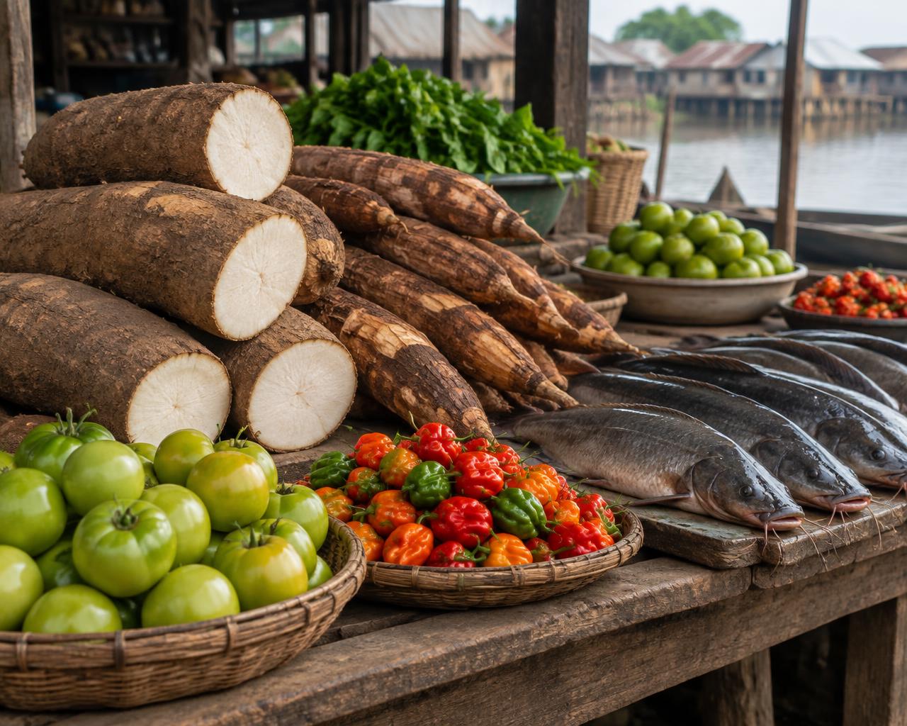 Fresh produce and fish on a Bayelsa market table